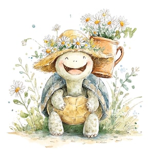 May include: A watercolour illustration of a smiling turtle wearing a straw hat decorated with daisies. The turtle carries a brown pot filled with daisies. The turtle is sitting in a grassy area with more daisies.