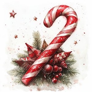 15 cliparts en sucre de canne, aquarelles de bonbons de Noël, travaux manuels des Fêtes, aquarelle imprimable, fichiers JPG de haute qualité, créations en papier, journal indésirable