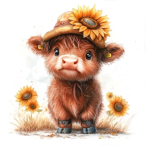 14 Highland Cow Sunflowers Clipart, Baby Highland Cow, Spring Flowers, Printable Watercolor, High-Quality JPGs, Paper Craft, Junk Journal