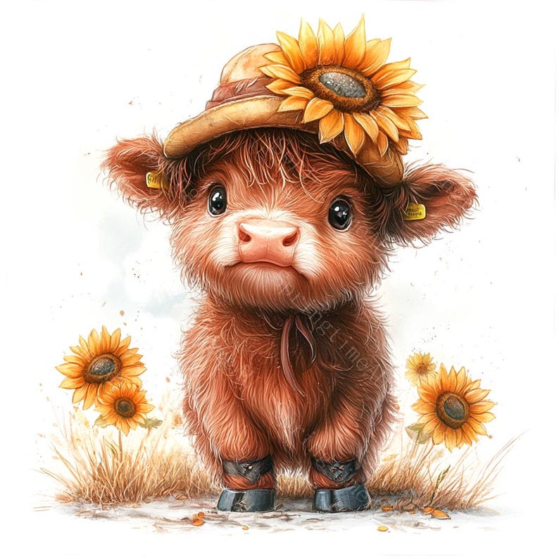 14 Highland Cow Sunflowers Clipart, Baby Highland Cow, Spring Flowers, Printable Watercolor, High-Quality JPGs, Paper Craft, Junk Journal