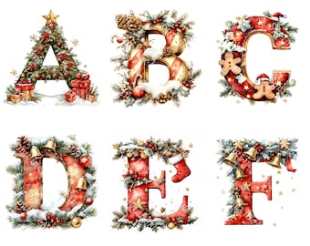 36 Weihnachten Alphabet Cliparts, festliche Zahlen, Santa Buchstaben Rahmen, druckbares Aquarell, hochwertige PNG / JPGs, Papiermodell, Junk Journal
