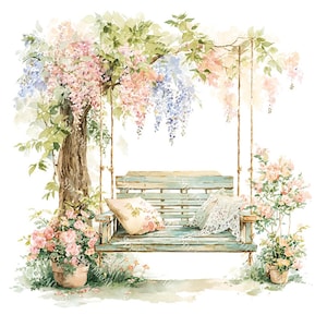 20 Swing in Tree Clipart, Floral Swing, Wedding Clipart, Printable Watercolor,High-Quality JPGs, Paper Craft, Junk Journal, Digital Download