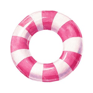 Puede incluir: Ilustración en acuarela de un salvavidas a rayas rosas y blancas. El aro salvavidas es redondo con rayas verticales rosas y blancas alternas. La imagen está sobre un fondo blanco.