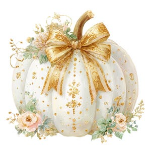 20 Pumpkin and Bows Clipart, Coquette Pumpkins, Floral Pumpkin with Bow, Printable Watercolor, High-Quality JPGs, Paper Craft, Junk Journal
