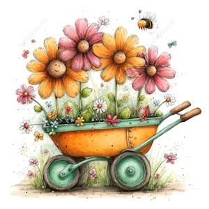 May include: A whimsical watercolor illustration of a wheelbarrow filled with smiling flowers. The wheelbarrow is orange with green wheels and handles. The flowers are pink and yellow with smiling faces, and a bee flies above.