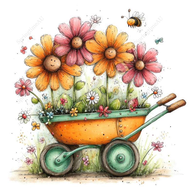 May include: A whimsical watercolor illustration of a wheelbarrow filled with smiling flowers. The wheelbarrow is orange with green wheels and handles. The flowers are pink and yellow with smiling faces, and a bee flies above.