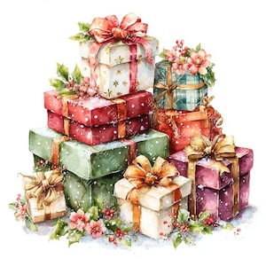 Könnte beinhalten: Aquarellillustration eines Stapels verpackter Geschenke. Die Geschenke sind in verschiedenen Farben gehalten, darunter Rot, Grün und Weiß, und mit Bändern und Schleifen verziert. Einige Geschenke haben florale und Stechpalmen-Akzente.