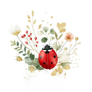 16 Floral Ladybug Clipart, Cute Lady Bug, Spring Art, Printable Watercolor, High-Quality JPGs, Paper Craft, Junk Journal, Digital Download