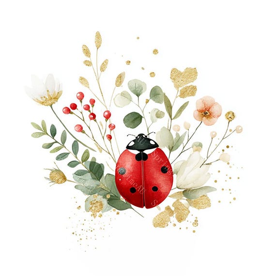 16 Floral Ladybug Clipart, Cute Lady Bug, Spring Art, Printable Watercolor, High-Quality JPGs, Paper Craft, Junk Journal, Digital Download