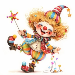 May include: A whimsical illustration of a smiling clown in colorful attire. The clown wears a striped hat, a ruffled collar, and a multi-colored outfit. It holds a star-shaped wand and a string of stars, with a red nose and curly orange hair.