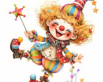 20 Cute Clown Clipart, Adorable Clown, Gnome Clown, Printable Watercolor, High-Quality JPGs, Paper Craft, Junk Journal, Digital Download