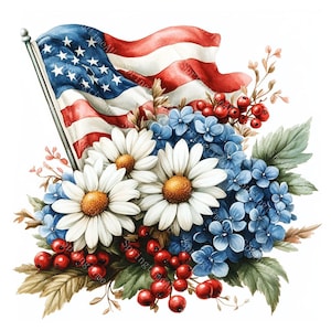 20 cliparts bouquet patriotique, fête de l'indépendance, 4 juillet, art américain, aquarelle imprimable, fichiers JPG de haute qualité, création de papier, journal indésirable