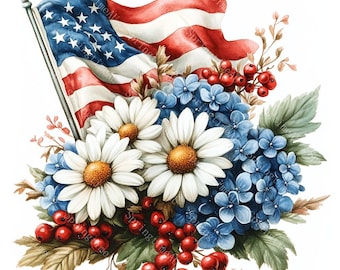 20 patriotiska bukett clipart, självständighetsdagen, 4 juli, amerikansk konst, utskrivbar akvarell, högkvalitativa JPG-bilder, papperspyssel, skräpjournal