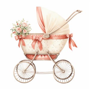 Peut inclure: Illustration à l'aquarelle d'une poussette vintage. La poussette est crème avec des pois et des bordures roses. Elle comporte un auvent rose, des nœuds et un bouquet de roses roses. Les roues sont de couleur marron clair.