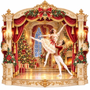 Peut inclure: Une décoration représentant un duo de ballet sur une scène encadrée par des piliers dorés ornés et des rideaux rouge foncé. Un sapin de Noël illuminé avec des cadeaux se trouve en arrière-plan, près d'une cheminée et de compositions de poinsettias.