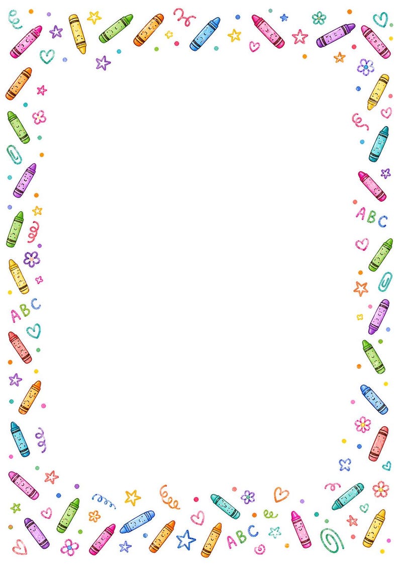 16 Crayon Border Clipart, Printable Classroom Paper JPG, Back To School,  A4 Page, Teacher Worksheet Frames, School Digital Download Kit