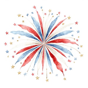 Op de afbeelding: Een aquarelillustratie van een vuurwerkexplosie met uitstralende rode, witte en blauwe bloemblaadjes. Het ontwerp is geaccentueerd met kleine, verspreide gouden, rode en blauwe sterren, wat een symmetrisch, stervormig patroon op een witte achtergrond vormt.