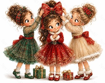 16 Funny Christmas Party Girls Clipart, Cute Three Friends Watercolor JPG, Holiday Gift Sublimation, Planner Stickers, Digital Download