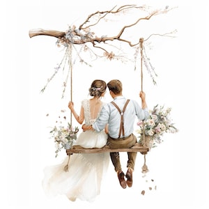 18 Bride and Groom on Swing Clipart, Wedding Clipart, Romantic Wedding Day, Printable Watercolor,High-Quality JPGs, Papercraft, Junk Journal