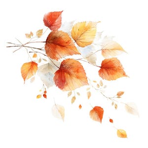 Puede incluir: Ilustración en acuarela de hojas de otoño en tonos naranja, amarillo y blanco. Las hojas están dispuestas sobre delicadas ramas marrones, creando una composición natural y artística. La imagen tiene una calidad suave y pictórica, ideal para diseños otoñales.