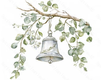 20 Vintage Brass Bell Clipart, Watercolor Tree Branch JPG, Rustic Garden Clipart, Cottage Farmhouse Decor, Digital Download