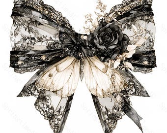 20 Gothic Black Lace Bow Clipart, Dark Academia Watercolor JPG, Witchy Halloween Sublimation, Junk Journal Stickers, Digital Download