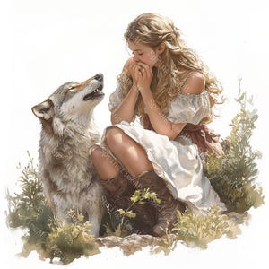 18 imágenes prediseñadas de niña con lobo, niña y lobo, mujer con lobo, dama y lobo, acuarela imprimible, archivos JPG de alta calidad, manualidades de papel, diario basura