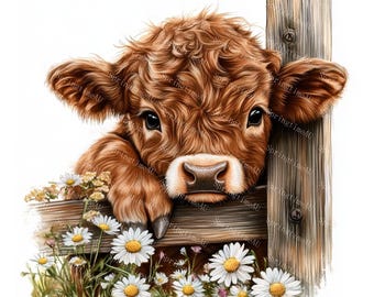 20 Baby Highland Cow Clipart, Farm Animal Clipart, Baby Cow Nursery Art, Printable Watercolor, High-Quality JPGs, Paper Craft, Junk Journal