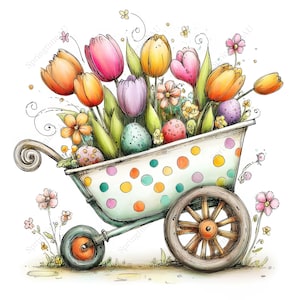 May include: Watercolor illustration of a wheelbarrow filled with colorful tulips, eggs, and flowers. The wheelbarrow is white with polka dots and has a wooden wheel. The flowers are in shades of pink, orange, and yellow.