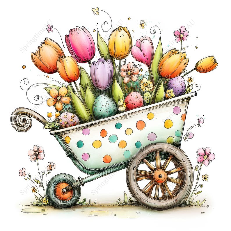 May include: Watercolor illustration of a wheelbarrow filled with colorful tulips, eggs, and flowers. The wheelbarrow is white with polka dots and has a wooden wheel. The flowers are in shades of pink, orange, and yellow.