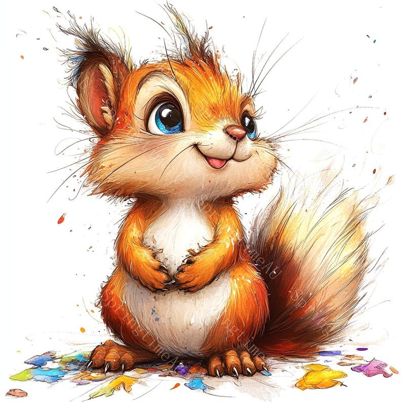 May include: A cartoon illustration of a cute, orange and brown squirrel with a bushy tail. The squirrel is standing on a white background with colourful paint splatters.