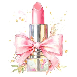 20 Pink Lipstick with Bow Clipart, Makeup Clipart, Feminine Cosmetics, Printable Watercolor, High-Quality JPGs, Paper Craft, Junk Journal
