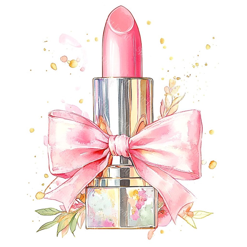 20 Pink Lipstick with Bow Clipart, Makeup Clipart, Feminine Cosmetics, Printable Watercolor, High-Quality JPGs, Paper Craft, Junk Journal