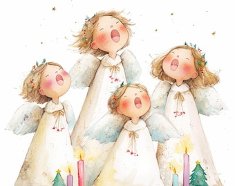20 Singing Christmas Angels Clipart, Whimsical Christmas, Gold Choir, Printable Watercolor, High-Quality JPGs, Papercraft, Junk Journal