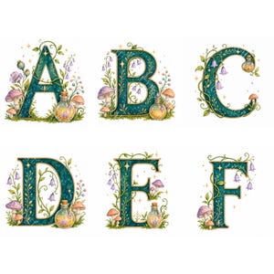 May include: A set of six capital letters A through F in a dark teal colour with gold outlines. Each letter is decorated with green vines, purple and orange mushrooms, small blue bell-shaped flowers, and tiny glass potion bottles with gold corks.