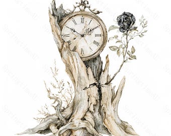 16 Black Rose Antique Clock Clipart, Gothic Watercolor JPG, Dark Academia Sublimation, Witchy Junk Journal, Digital Download