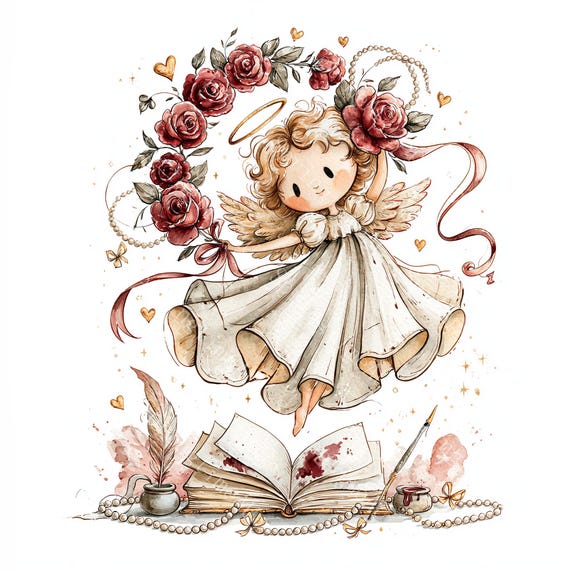 20 Valentine Angel With Book Clipart, Watercolor Cherub Rose