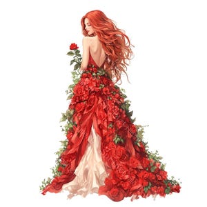 14 rosas rojas, niña, imágenes prediseñadas, chica romántica, estilo cottagecore femenino, acuarela imprimible, archivos JPG de alta calidad, manualidades de papel, diario basura