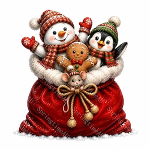 May include: A large red velvet sack filled with a snowman wearing a red plaid hat and scarf, a penguin in a green knit hat and red scarf, a gingerbread cookie with a red bow tie, and a small mouse wearing a tiny matching knit hat.