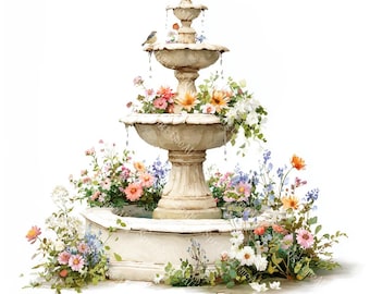 20 imágenes prediseñadas de fuentes de agua, imágenes prediseñadas de fuentes de parque, fuentes florales, acuarelas imprimibles, JPG de alta calidad, manualidades con papel, diario de recortes
