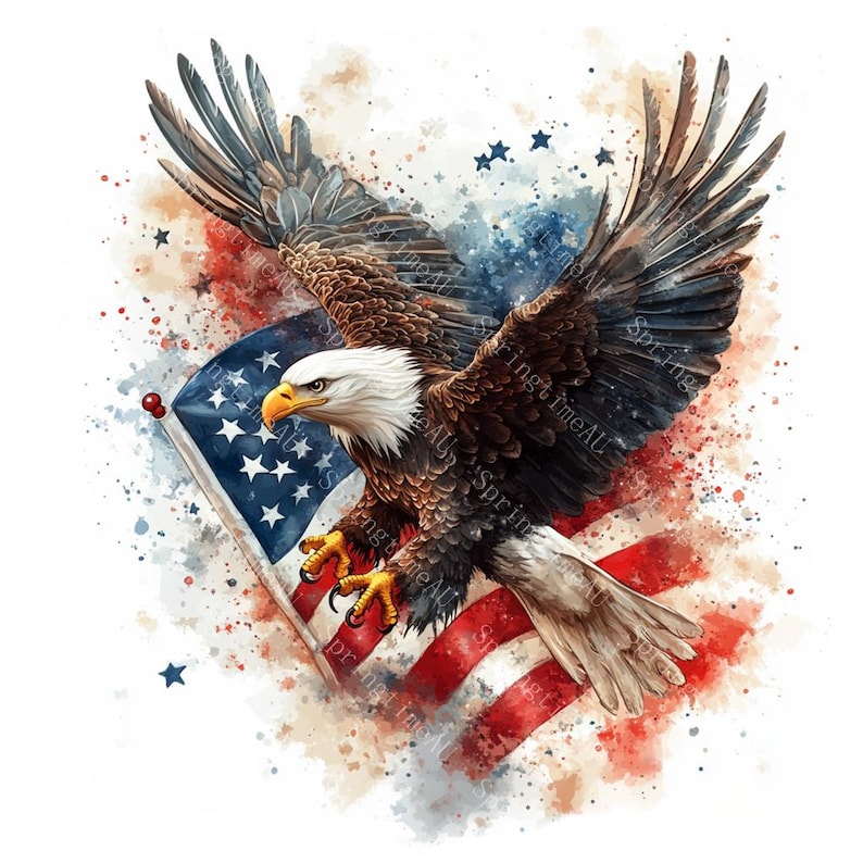 20 Patriotic Bald Eagle Clipart, USA Flag, Independence Day, 4th of July, Printable Watercolor, High-Quality JPGs, Papercraft, Junk Journal