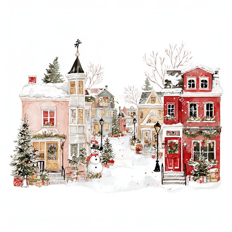20 Christmas Village Clipart, Christmas Card Art, Printable Watercolor, High-Quality JPGs, Paper Craft, Junk Journal, Digital Download