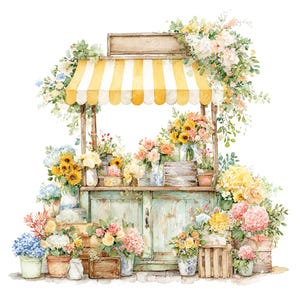 May include: Watercolor illustration of a flower stand with a yellow and white striped awning. The stand is filled with various colorful flowers, including sunflowers, roses, and hydrangeas, in pots and vases. The stand has a weathered, light blue-green appearance.
