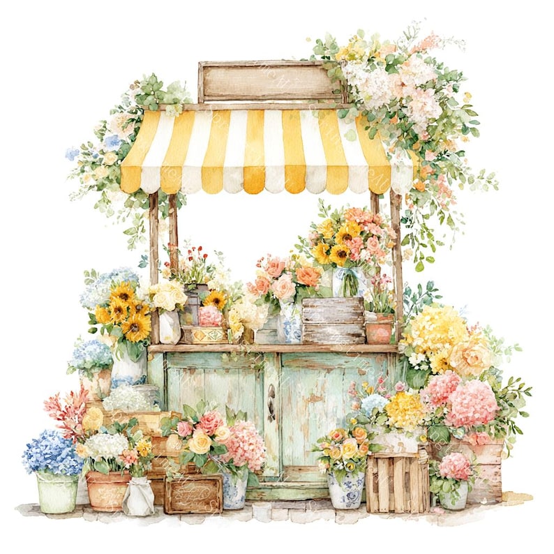 May include: Watercolor illustration of a flower stand with a yellow and white striped awning. The stand is filled with various colorful flowers, including sunflowers, roses, and hydrangeas, in pots and vases. The stand has a weathered, light blue-green appearance.