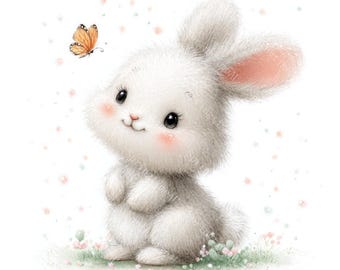 18 Baby Bunny Clipart, Cute Birthday Bunny, Fluffy Rabbit, Nursery Art, Printable Watercolor, High-Quality JPGs, Papercraft, Junk Journal