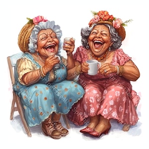 16 vecchie signore nere pazze Clipart, donne divertenti, migliori amiche, acquerello stampabile, JPG di alta qualità, artigianato di carta, diario spazzatura