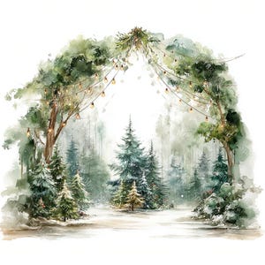 18 bågar och tallar clipart, tallskog, naturlandskap, utskrivbar akvarell, högkvalitativa JPG-bilder, papperspyssel, skräpjournal