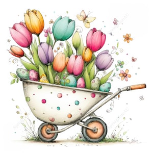 May include: Watercolor illustration of a white wheelbarrow filled with colorful tulips, Easter eggs, and small flowers. The wheelbarrow has a polka dot design and is set against a white background. A butterfly is also present.