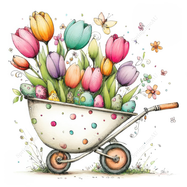 May include: Watercolor illustration of a white wheelbarrow filled with colorful tulips, Easter eggs, and small flowers. The wheelbarrow has a polka dot design and is set against a white background. A butterfly is also present.