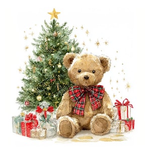 16 Teddy Bear with Christmas Tree Clipart, Baby Bear, Christmas Card, Printable Watercolor, High-Quality PNG/JPGs, Papercraft, Junk Journal